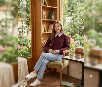 Wine Cable Knit Sweater | Soft & Warm Full Sleeve Pullover with Classic Collared Layered Look