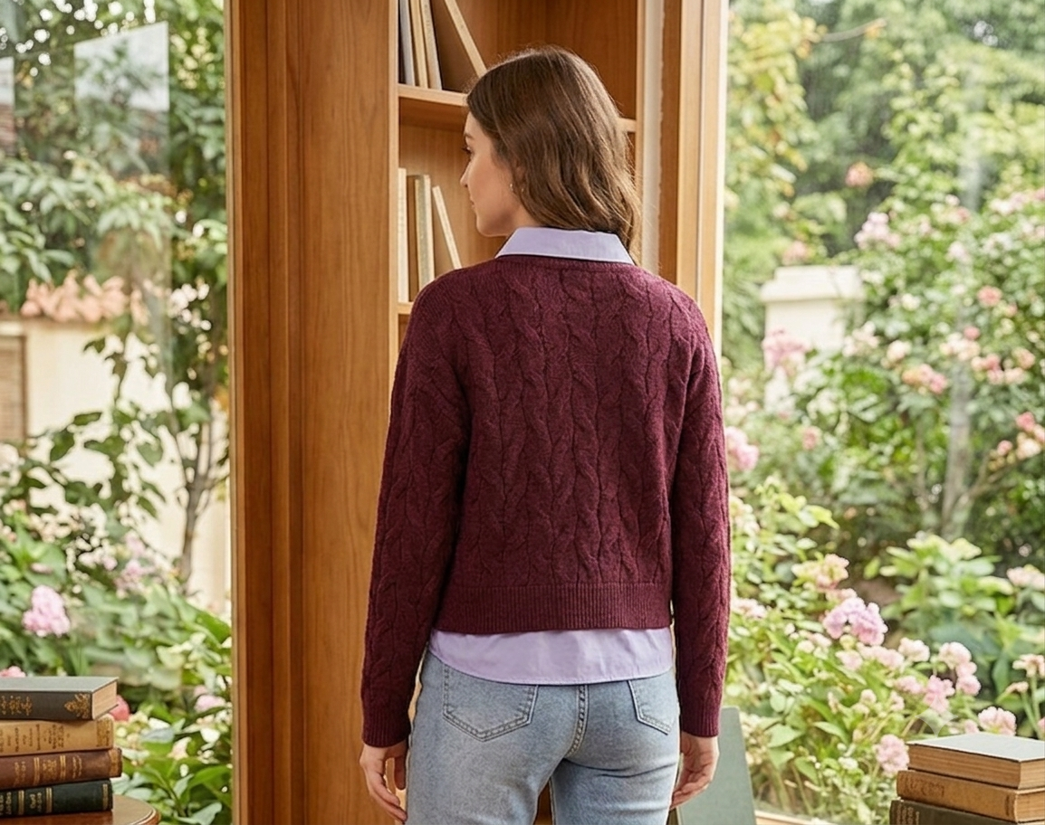 Wine Cable Knit Sweater | Soft & Warm Full Sleeve Pullover with Classic Collared Layered Look