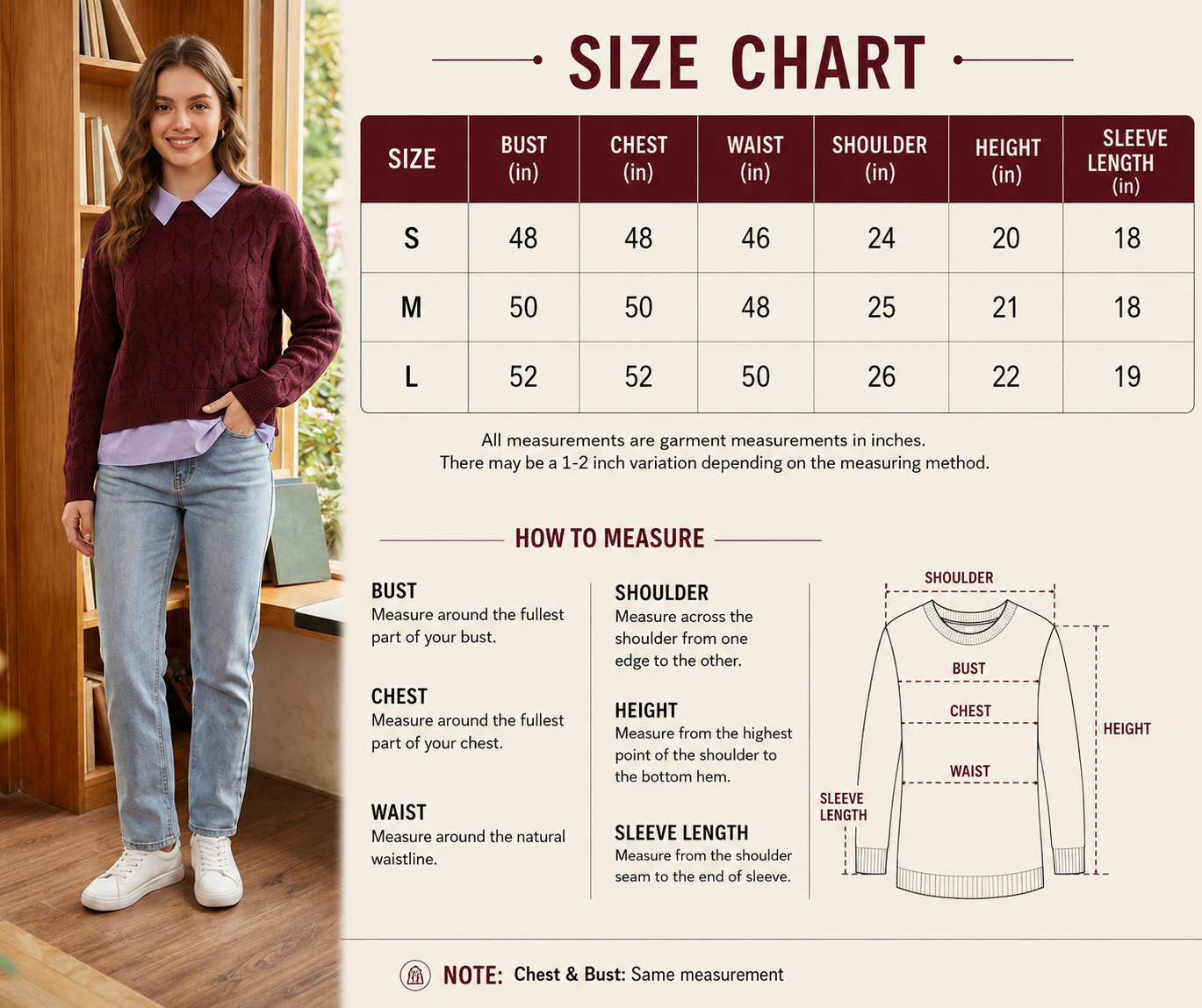Wine Cable Knit Sweater | Soft & Warm Full Sleeve Pullover with Classic Collared Layered Look