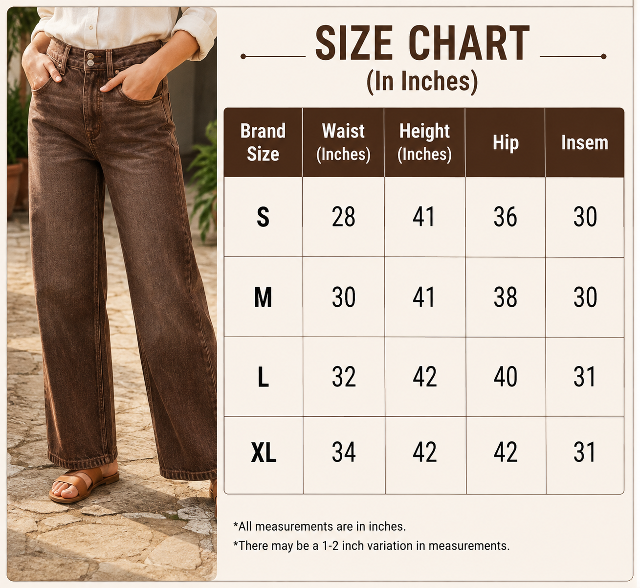 Brown Wide Leg Denim Jeans | High Waist Casual Palazzo Fit Jeans with 5 Pockets