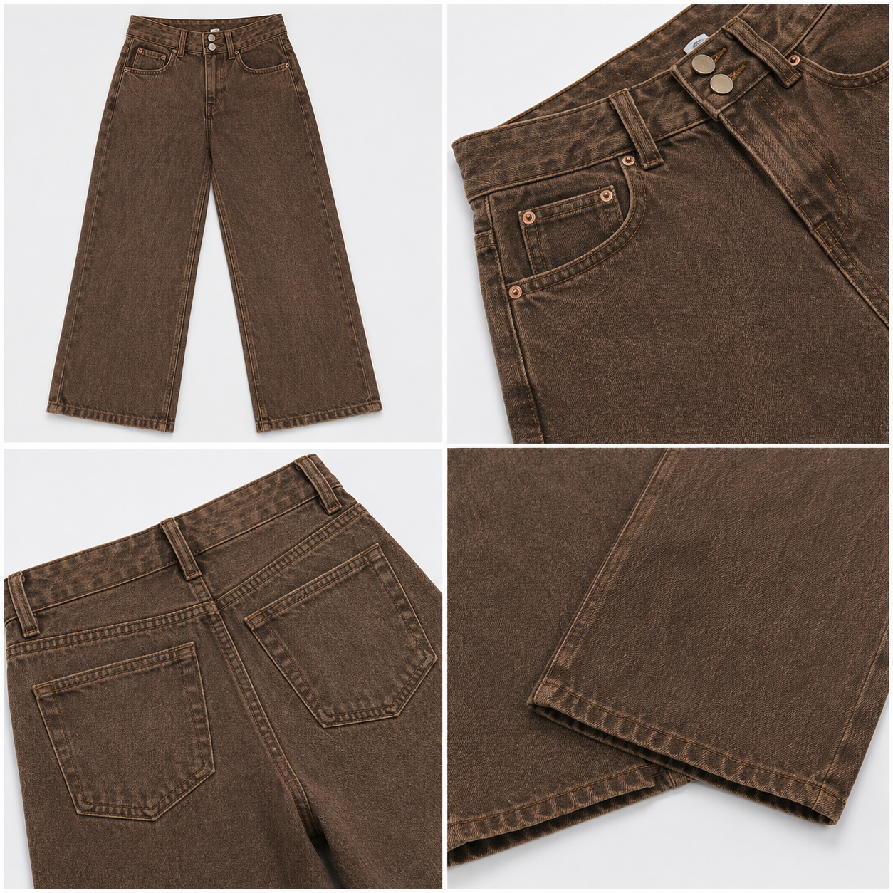 Brown Wide Leg Denim Jeans | High Waist Casual Palazzo Fit Jeans with 5 Pockets