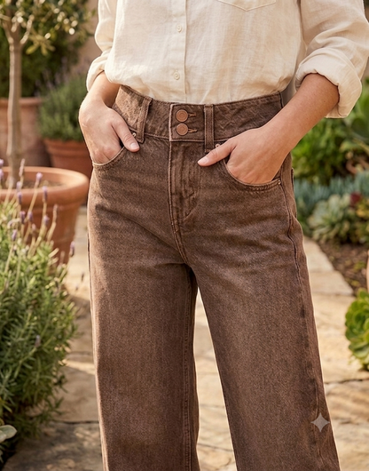 Brown Wide Leg Denim Jeans | High Waist Casual Palazzo Fit Jeans with 5 Pockets
