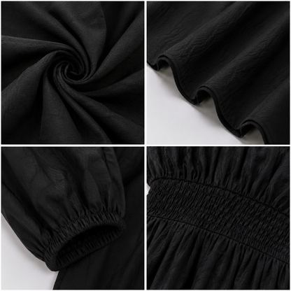 Black Off-Shoulder Cotton Midi Dress | Stretchable Upper, Puff Sleeves & Flared Fit