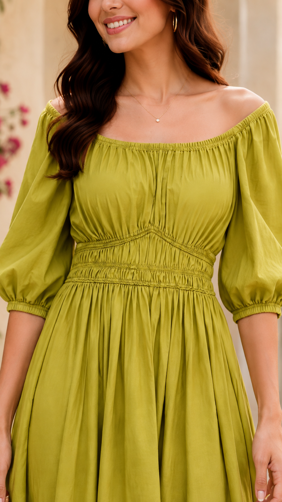 Green Off-Shoulder Cotton Midi Dress | Stretchable Upper, Puff Sleeves & Flared Fit
