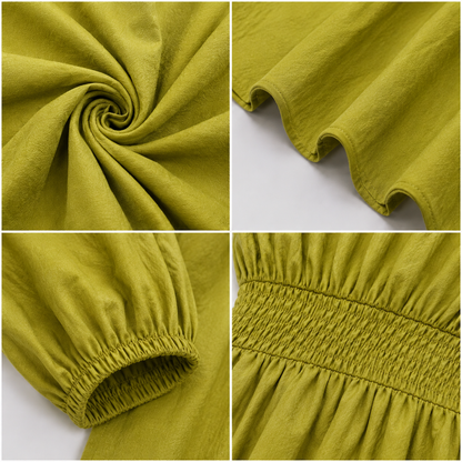 Green Off-Shoulder Cotton Midi Dress | Stretchable Upper, Puff Sleeves & Flared Fit