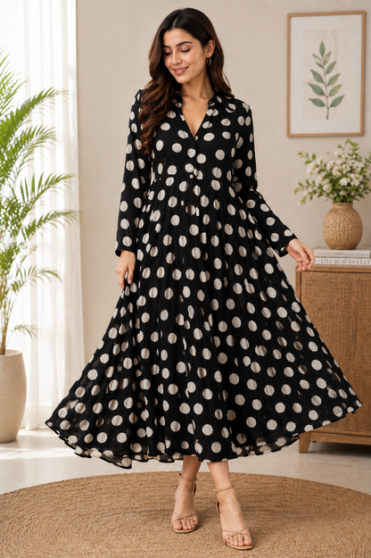 Black Polka Dot Printed Flared Midi Dress with Full Sleeves & Front Buttons