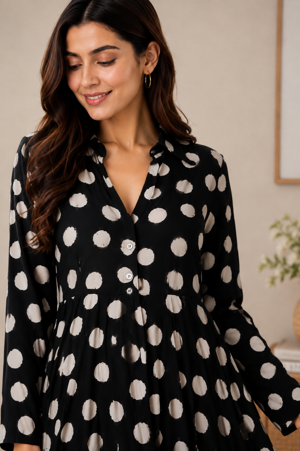 Black Polka Dot Printed Flared Midi Dress with Full Sleeves & Front Buttons