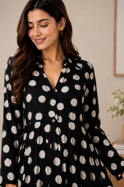Black Polka Dot Printed Flared Midi Dress with Full Sleeves & Front Buttons