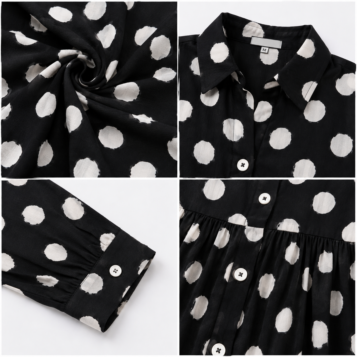 Black Polka Dot Printed Flared Midi Dress with Full Sleeves & Front Buttons