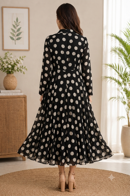 Black Polka Dot Printed Flared Midi Dress with Full Sleeves & Front Buttons