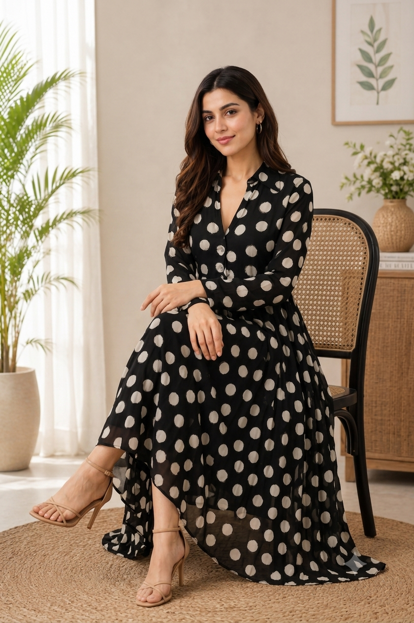 Black Polka Dot Printed Flared Midi Dress with Full Sleeves & Front Buttons