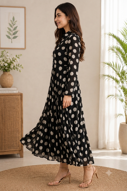 Black Polka Dot Printed Flared Midi Dress with Full Sleeves & Front Buttons