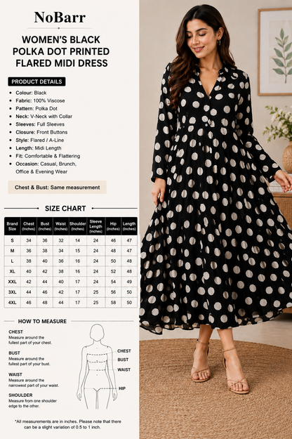 Black Polka Dot Printed Flared Midi Dress with Full Sleeves & Front Buttons