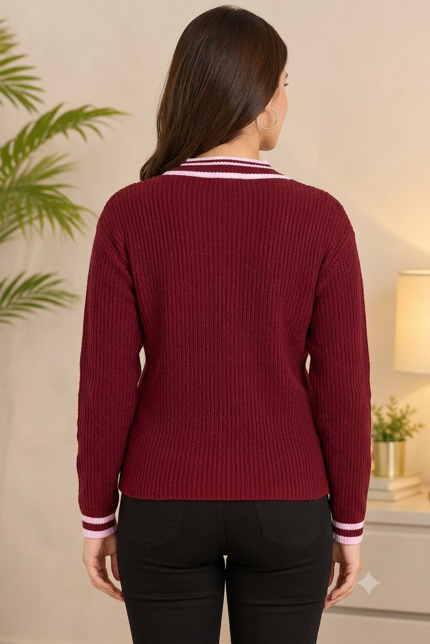 Maroon V-Neck Loose Fit Full Sleeve Sweater | Dropped Shoulder Winter Pullover | 60% Cotton 40% Polyester