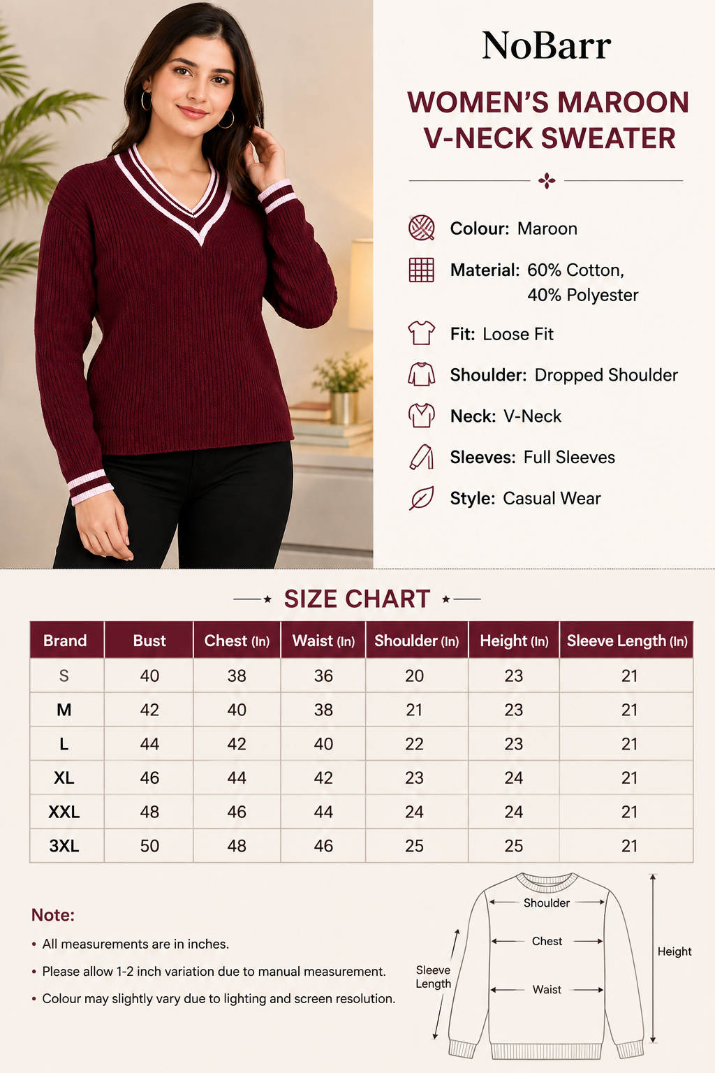 Maroon V-Neck Loose Fit Full Sleeve Sweater | Dropped Shoulder Winter Pullover | 60% Cotton 40% Polyester