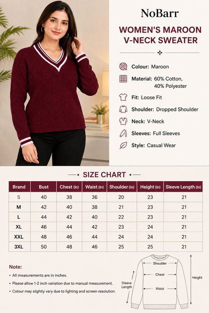 Maroon V-Neck Loose Fit Full Sleeve Sweater | Dropped Shoulder Winter Pullover | 60% Cotton 40% Polyester