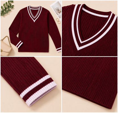 Maroon V-Neck Loose Fit Full Sleeve Sweater | Dropped Shoulder Winter Pullover | 60% Cotton 40% Polyester