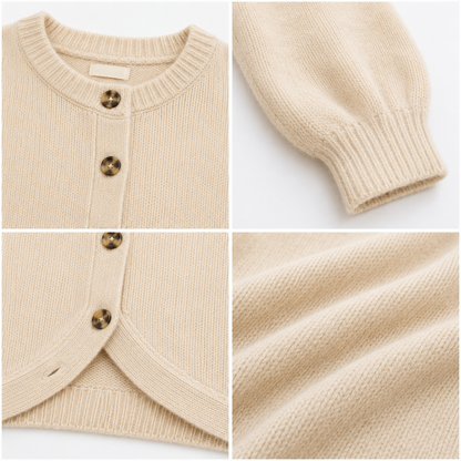 Beige Knitted Button Front Cardigan Sweater | Round Neck Full Sleeve Loose Fit Winter Wear