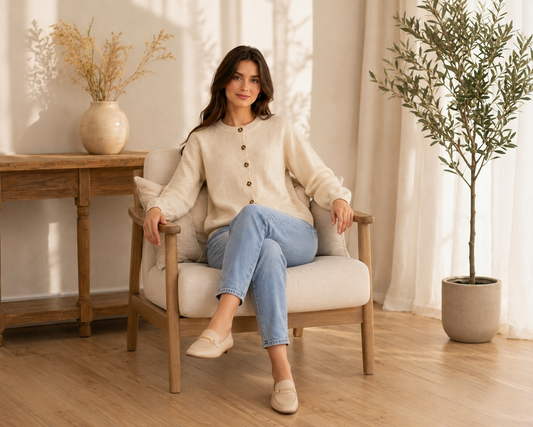 Beige Knitted Button Front Cardigan Sweater | Round Neck Full Sleeve Loose Fit Winter Wear