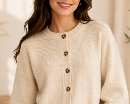 Beige Knitted Button Front Cardigan Sweater | Round Neck Full Sleeve Loose Fit Winter Wear