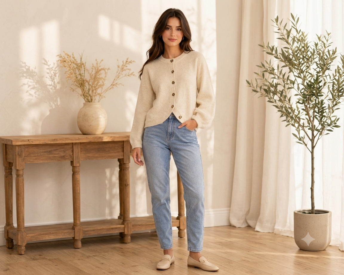 Beige Knitted Button Front Cardigan Sweater | Round Neck Full Sleeve Loose Fit Winter Wear