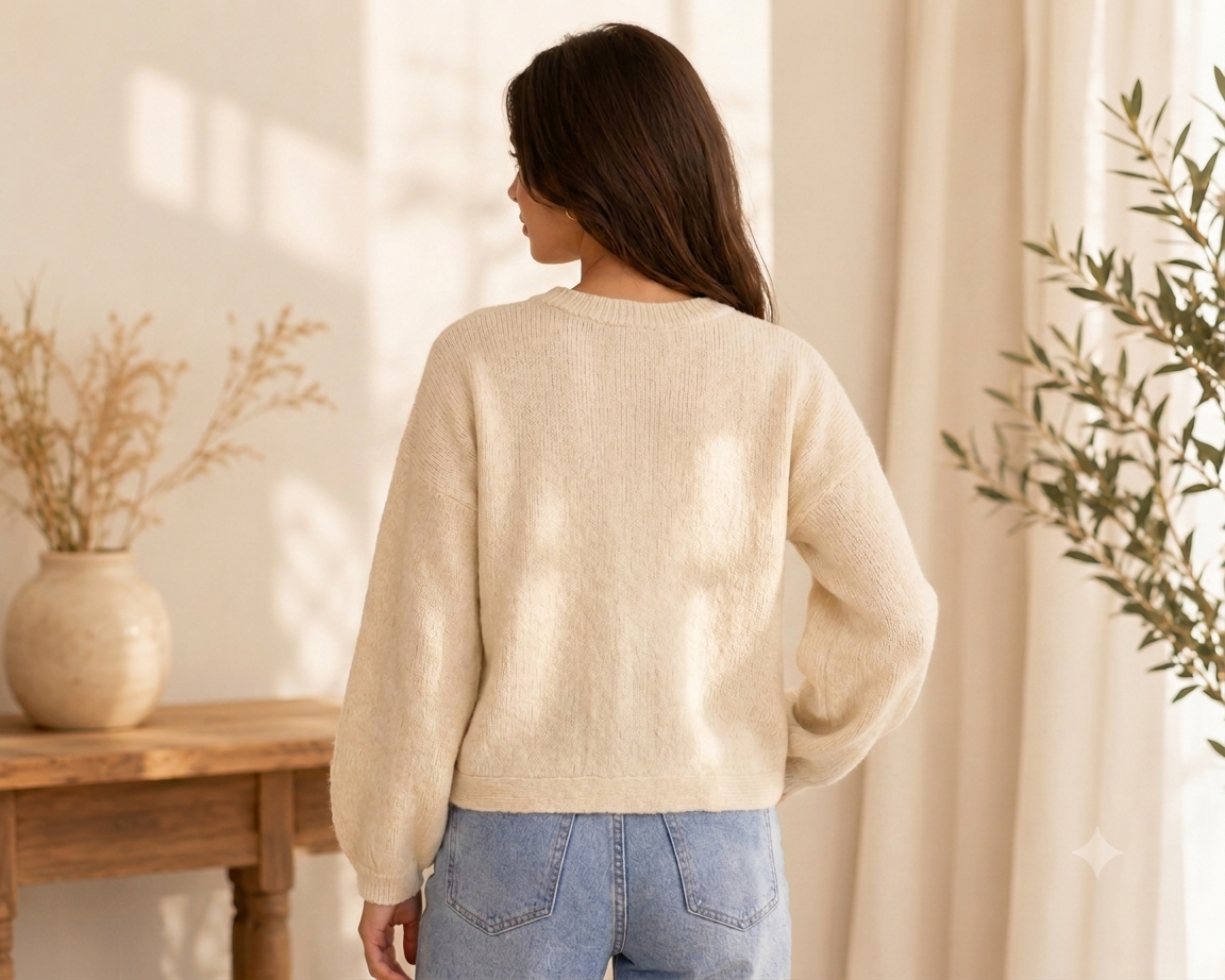 Beige Knitted Button Front Cardigan Sweater | Round Neck Full Sleeve Loose Fit Winter Wear
