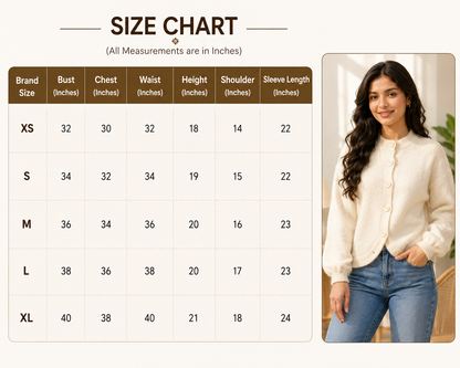 White Knitted Button Front Cardigan Sweater | Round Neck Full Sleeve Loose Fit Winter Wear
