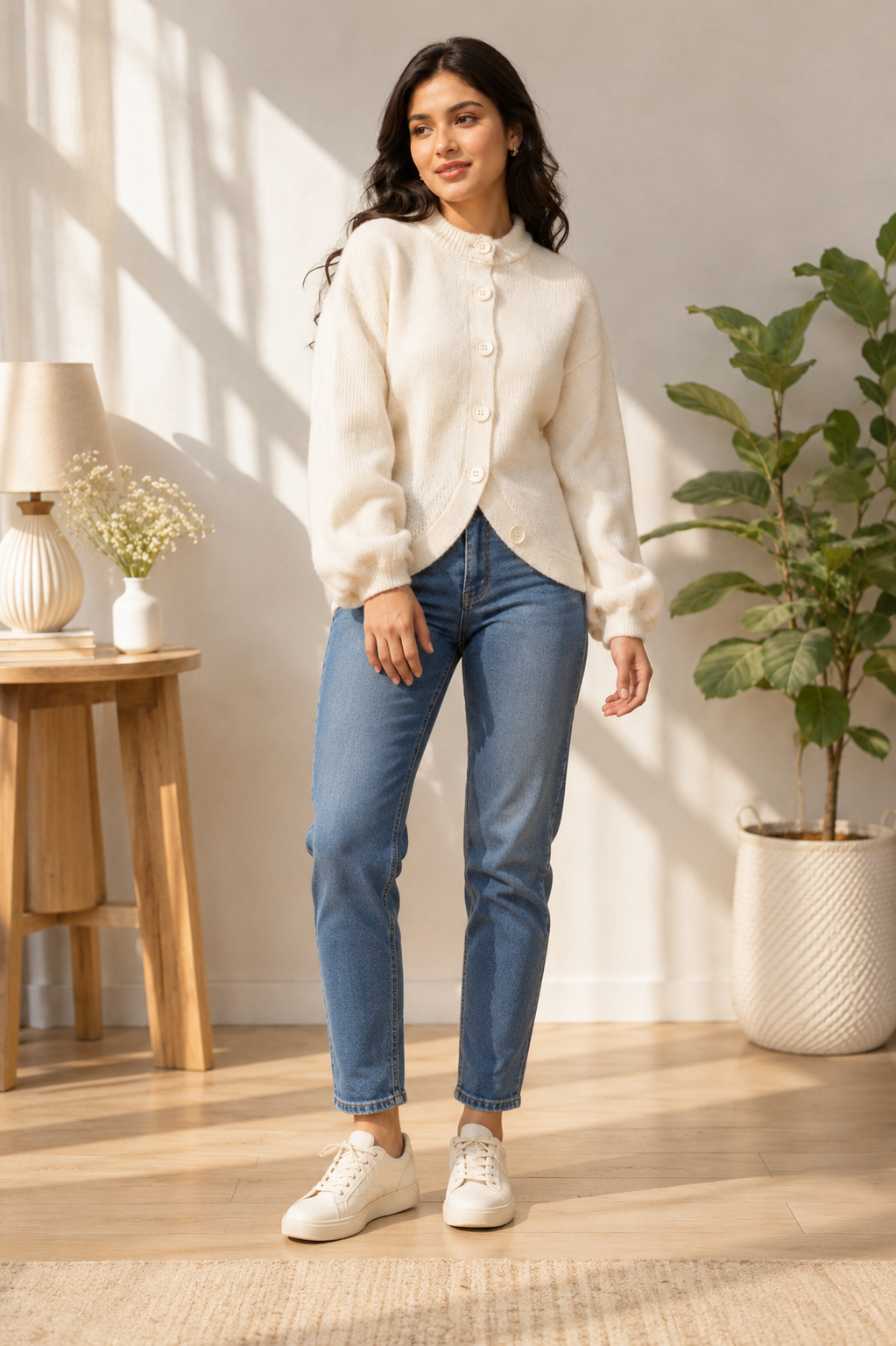 White Knitted Button Front Cardigan Sweater | Round Neck Full Sleeve Loose Fit Winter Wear