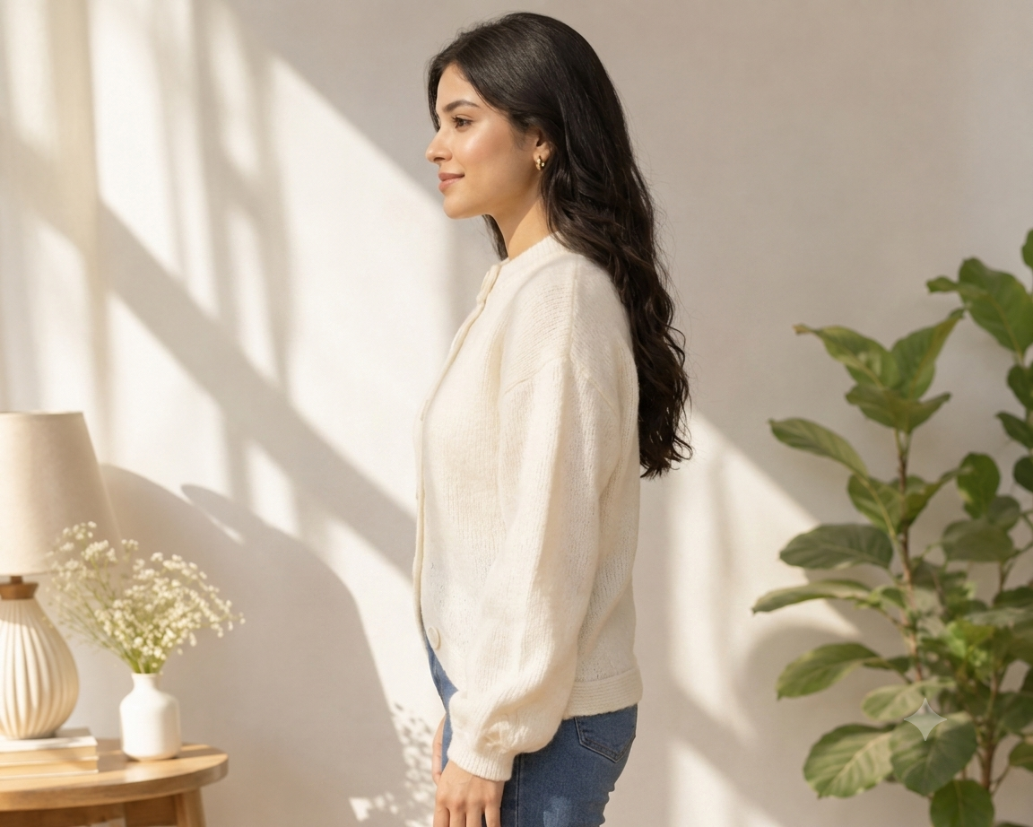 White Knitted Button Front Cardigan Sweater | Round Neck Full Sleeve Loose Fit Winter Wear