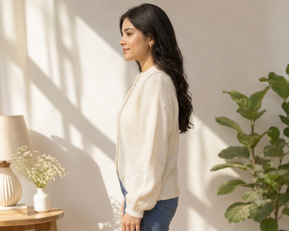 White Knitted Button Front Cardigan Sweater | Round Neck Full Sleeve Loose Fit Winter Wear