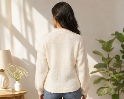 White Knitted Button Front Cardigan Sweater | Round Neck Full Sleeve Loose Fit Winter Wear