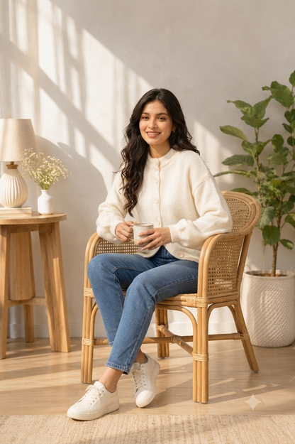 White Knitted Button Front Cardigan Sweater | Round Neck Full Sleeve Loose Fit Winter Wear