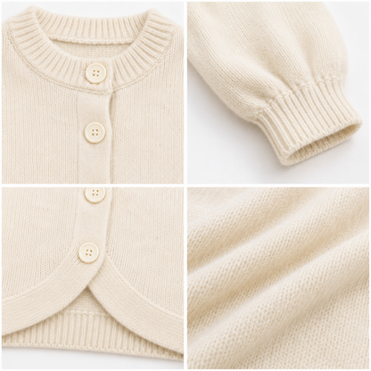 White Knitted Button Front Cardigan Sweater | Round Neck Full Sleeve Loose Fit Winter Wear