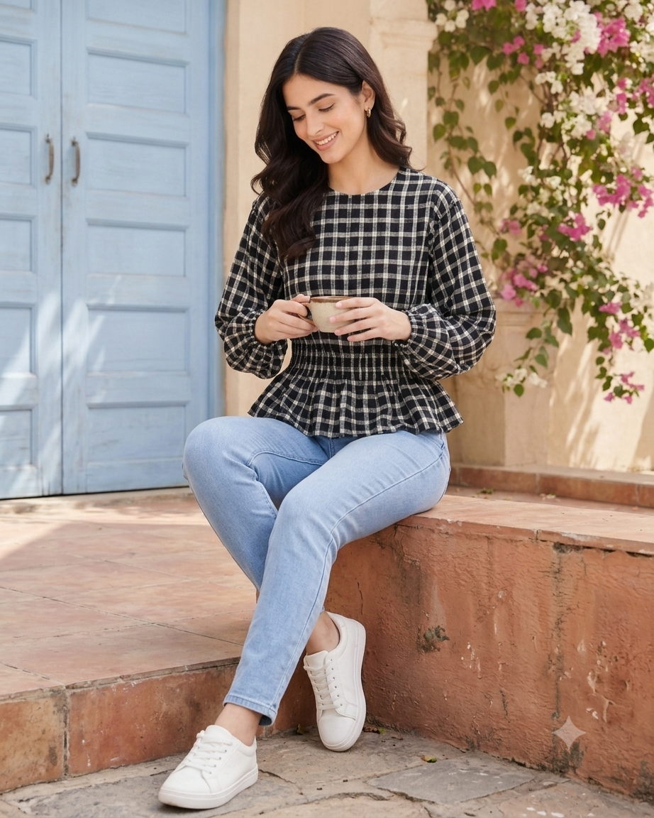 Black & White Checkered Balloon Sleeve Peplum Top