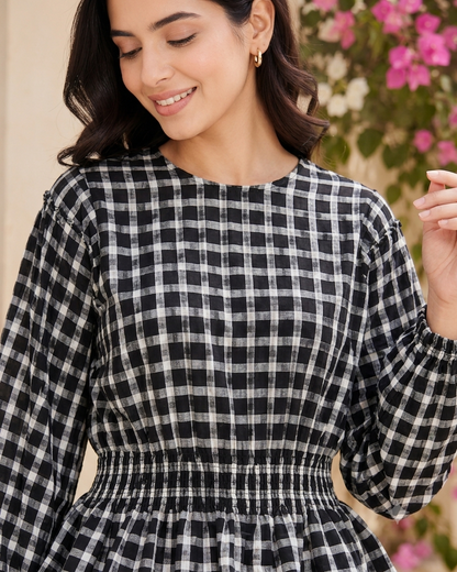 Black & White Checkered Balloon Sleeve Peplum Top