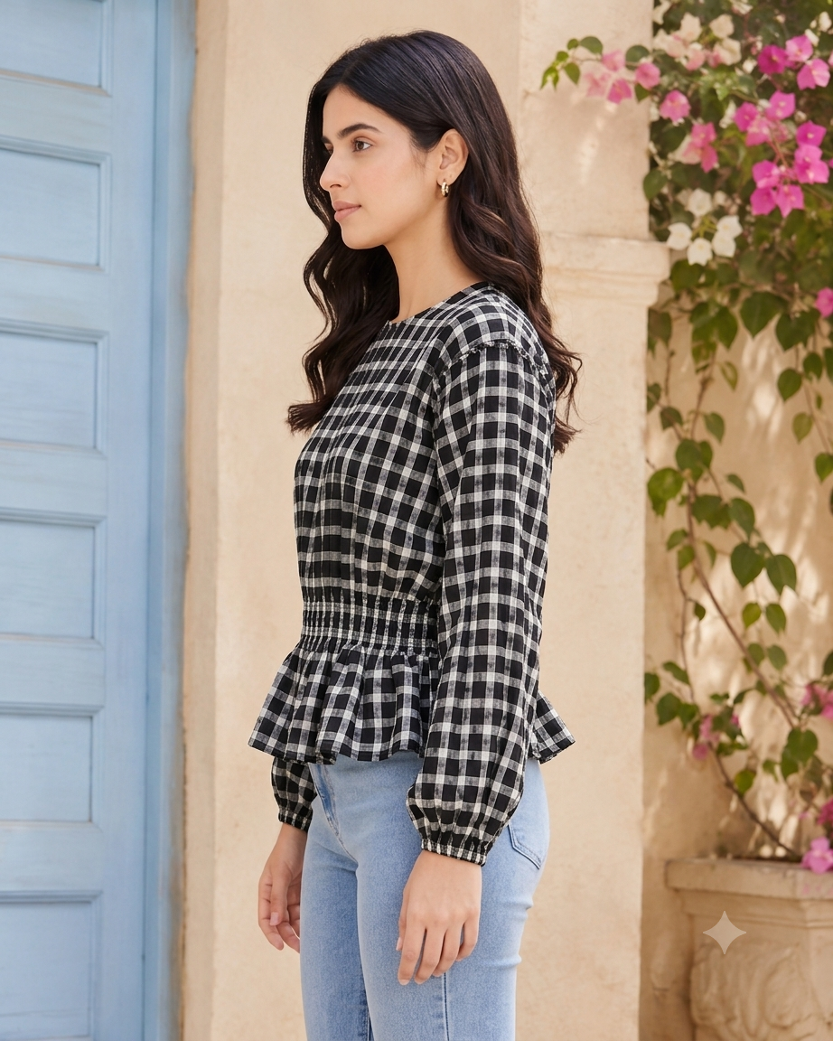 Black & White Checkered Balloon Sleeve Peplum Top