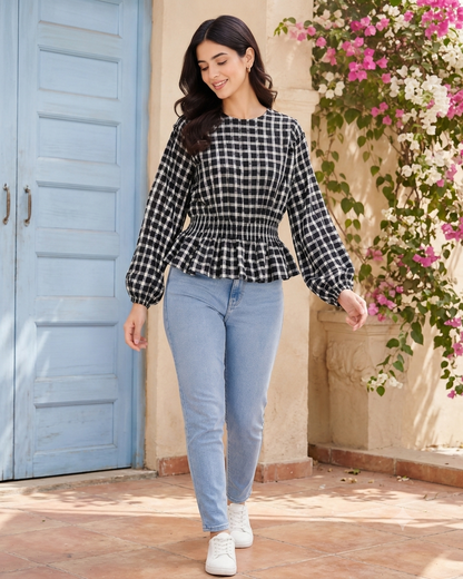 Black & White Checkered Balloon Sleeve Peplum Top