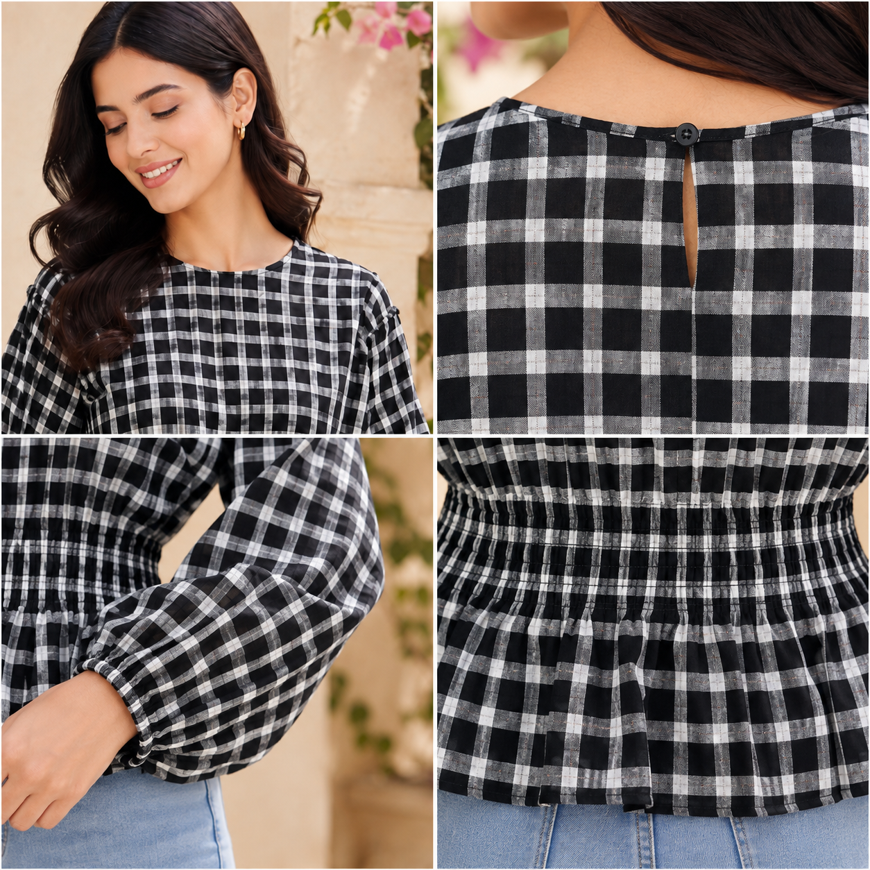 Black & White Checkered Balloon Sleeve Peplum Top