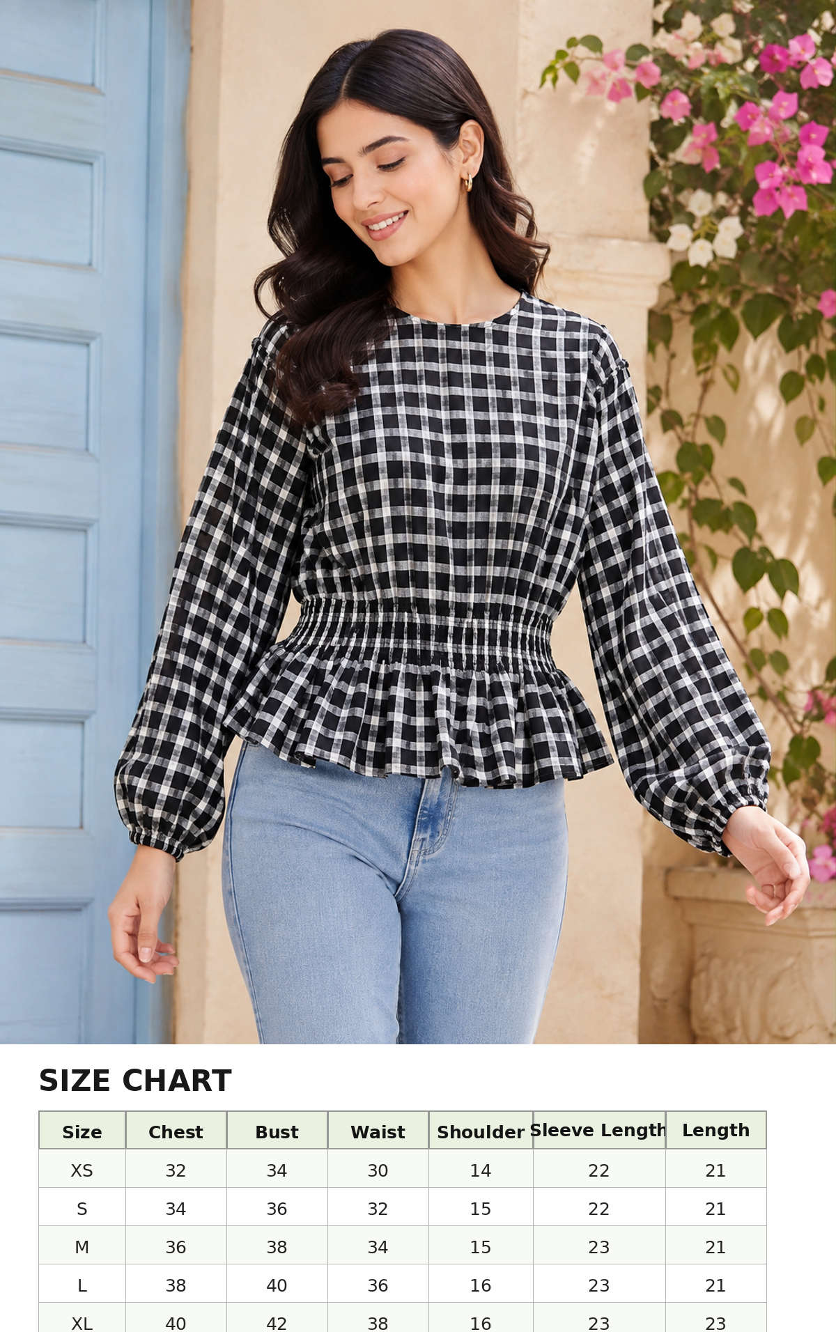 Black & White Checkered Balloon Sleeve Peplum Top