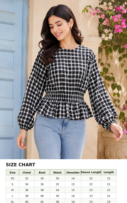 Black & White Checkered Balloon Sleeve Peplum Top