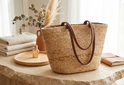 NOBARR Women’s Natural Jute Woven Tote Bag with Leather Handles | Spacious Handcrafted Straw Shoulder Bag for Shopping, Beach & Casual Use