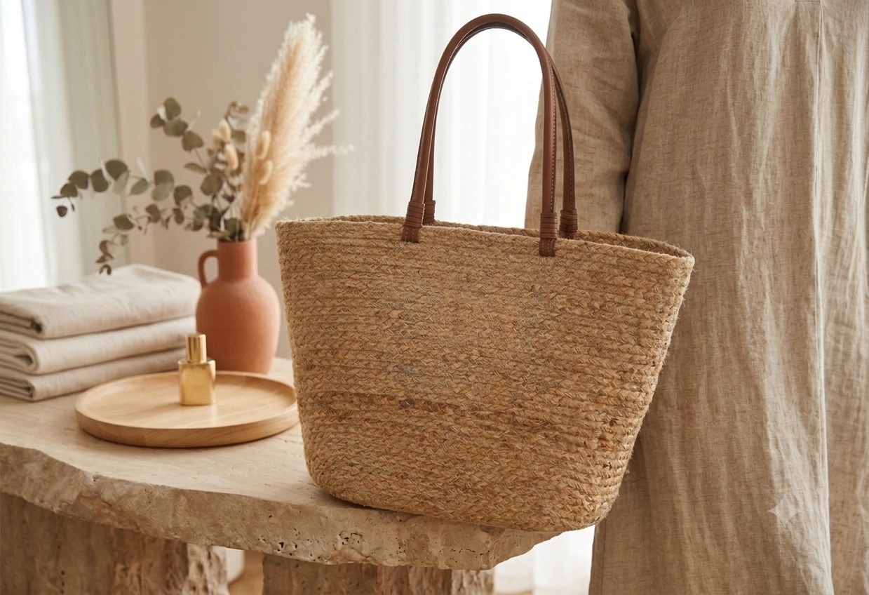 NOBARR Women’s Natural Jute Woven Tote Bag with Leather Handles | Spacious Handcrafted Straw Shoulder Bag for Shopping, Beach & Casual Use