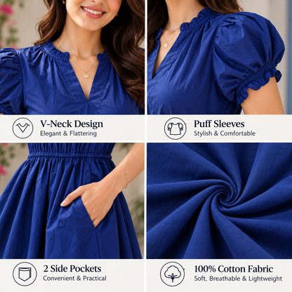 Blue Cotton Puff Sleeve V-Neck Fit & Flare Dress with 2 Side Pockets