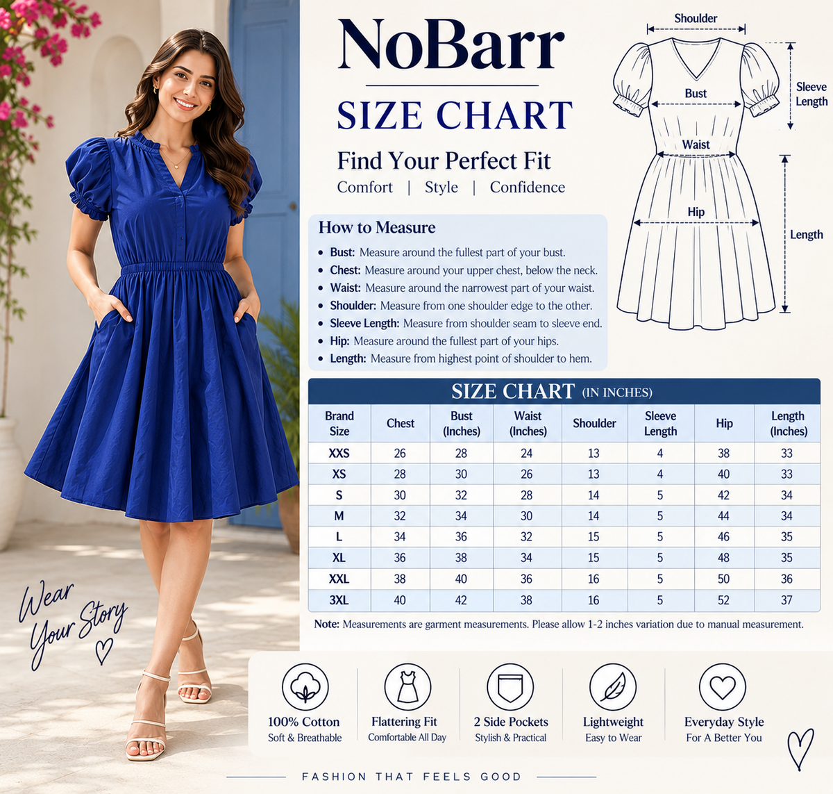 Blue Cotton Puff Sleeve V-Neck Fit & Flare Dress with 2 Side Pockets