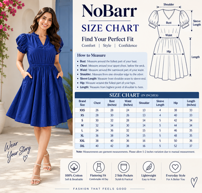 Blue Cotton Puff Sleeve V-Neck Fit & Flare Dress with 2 Side Pockets