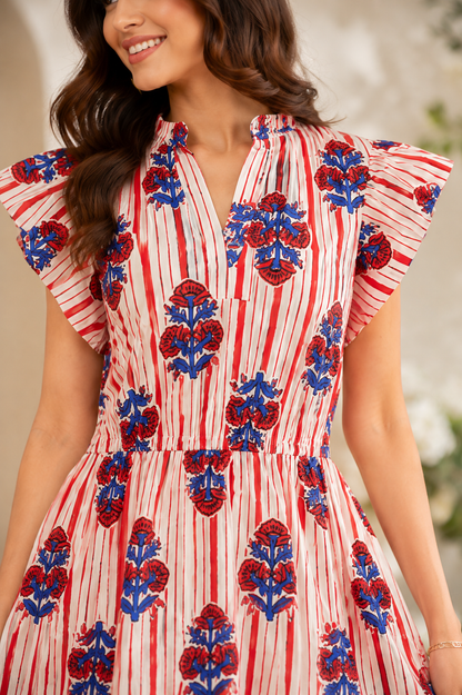 Floral Printed Cotton Mini Dress with Flutter Sleeves, V-Neck and 2 Side Pockets