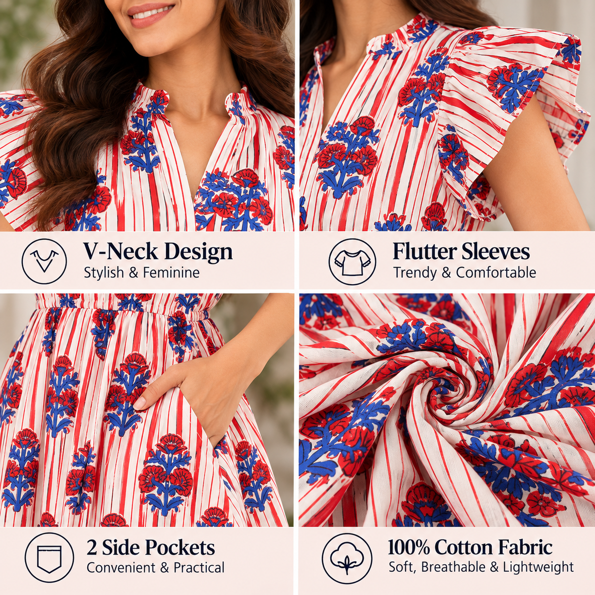 Floral Printed Cotton Mini Dress with Flutter Sleeves, V-Neck and 2 Side Pockets