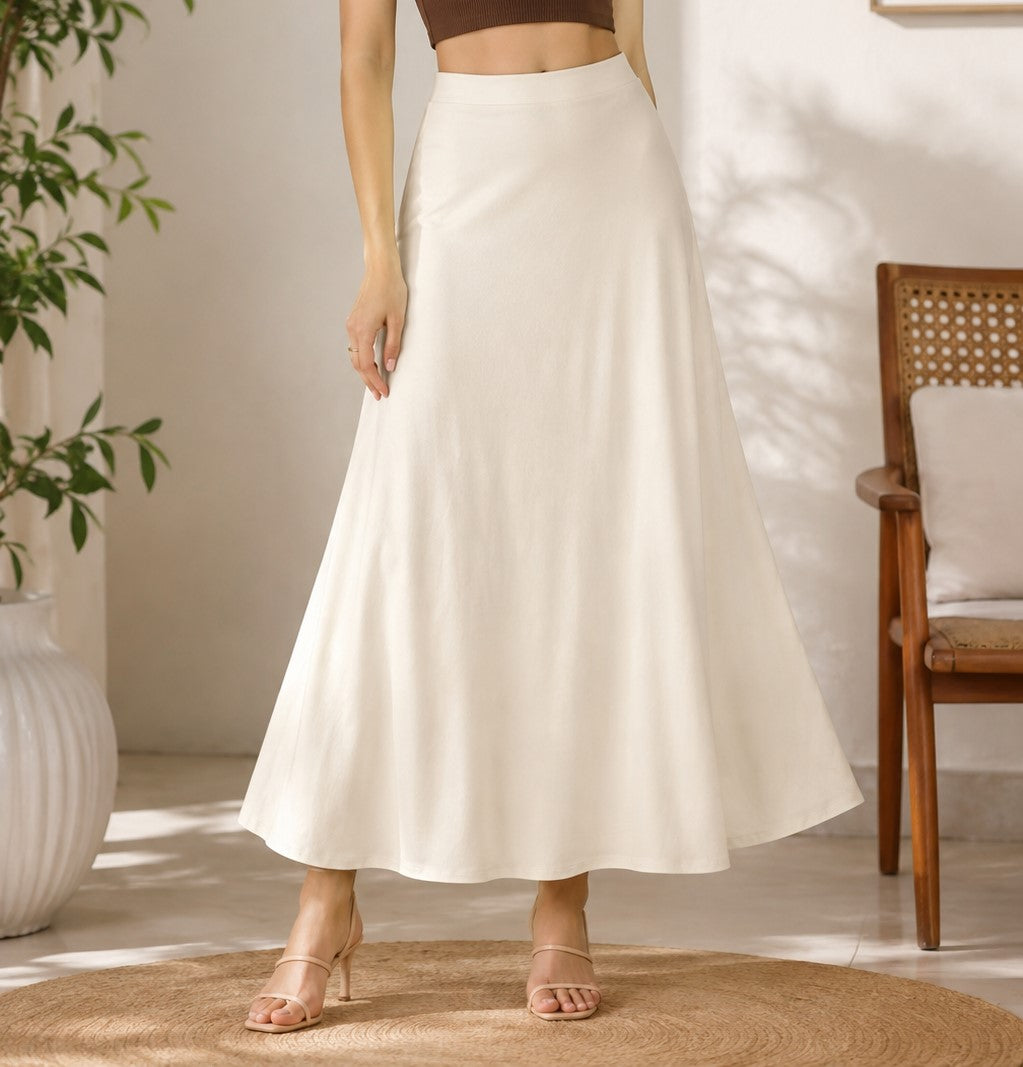Cream Linen Blend Flared Maxi Skirt | High Waist A-Line Long Skirt | Comfortable & Elegant Casual Wear