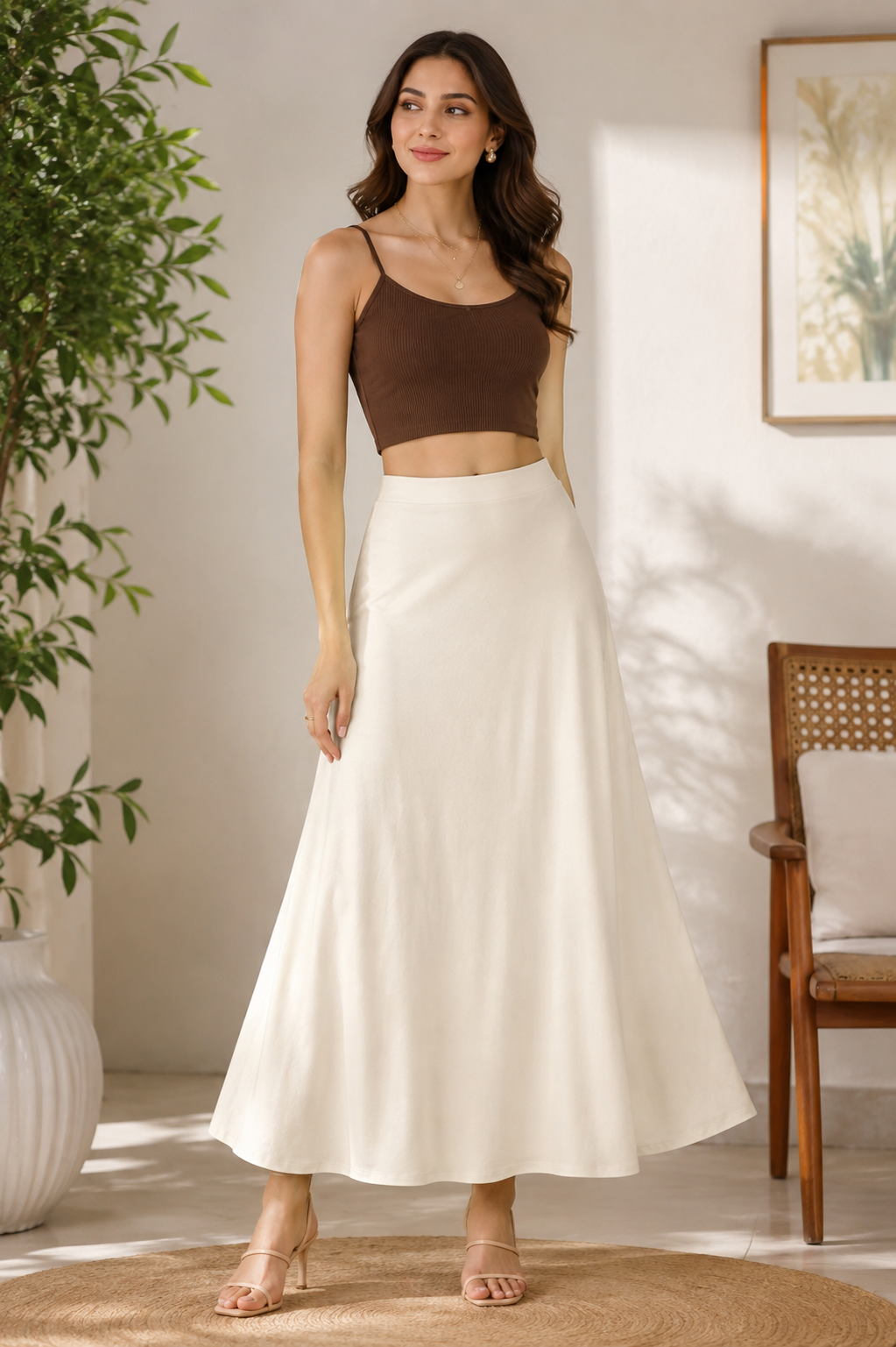 Cream Linen Blend Flared Maxi Skirt | High Waist A-Line Long Skirt | Comfortable & Elegant Casual Wear