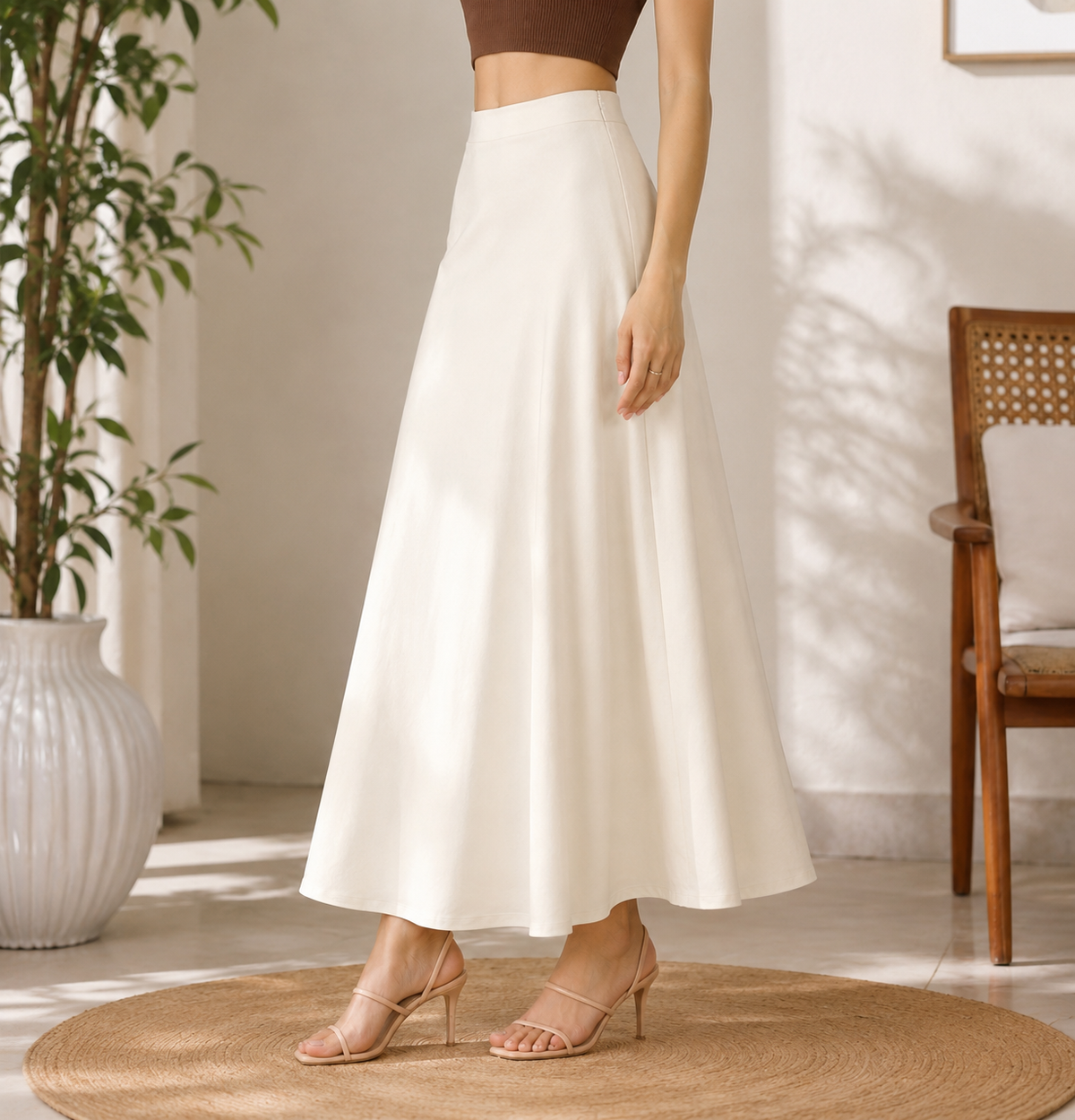 Cream Linen Blend Flared Maxi Skirt | High Waist A-Line Long Skirt | Comfortable & Elegant Casual Wear